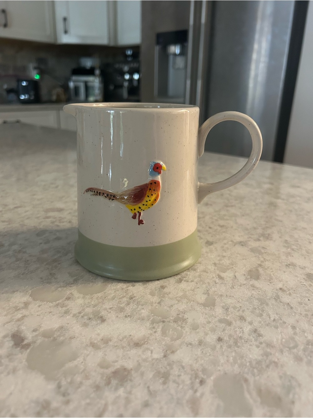 “New” Potter’s Studio Cream Ceramic Pitcher with Green Base and Pheasant Motif